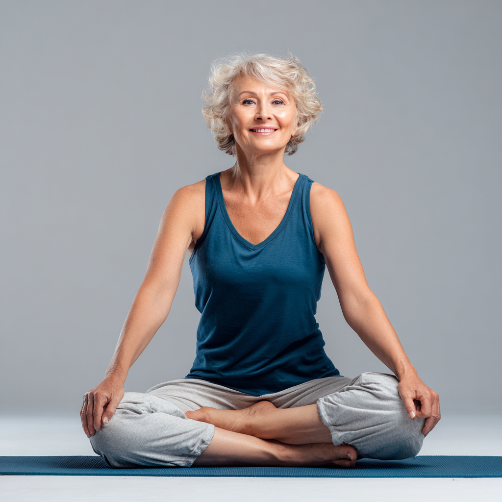 Peaceful middle-aged Ukrainian woman practicing gentle yoga poses in natural lighting, showing calm expression and graceful movements