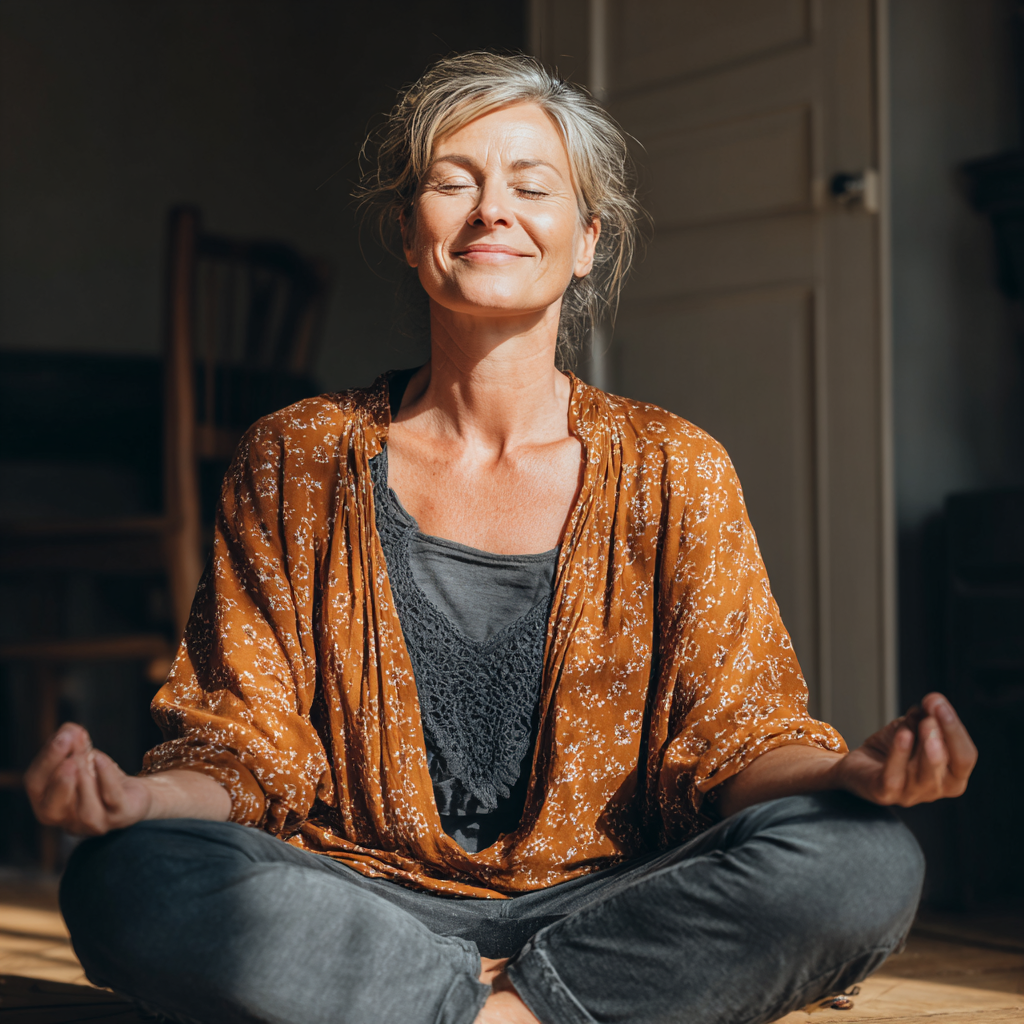 Calm elderly Ukrainian woman in comfortable yoga attire demonstrating gentle stretching exercises in a serene indoor setting with natural lighting